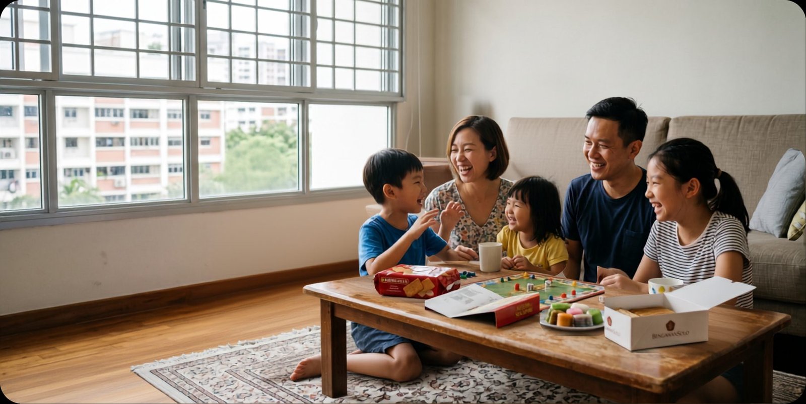 A family enjoying an afternoon together in their HDB living room